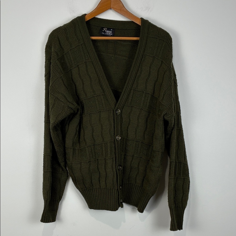 Rapp Knitwear Vintage Green Cardigan Sweater Unisex Medium Wool Blend